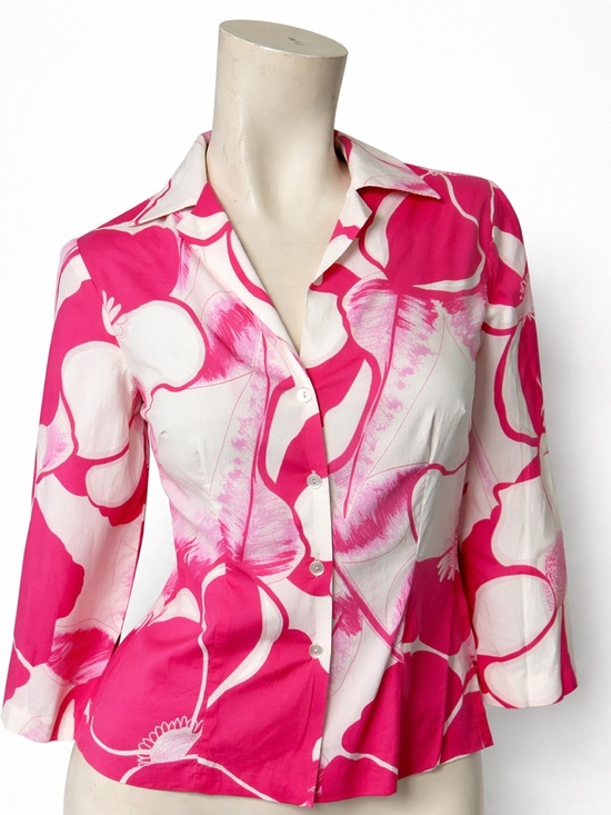 Trina Turk Pink White Floral Top Size S Made in USA Cotton Stretch Resort Chic - Picture 8 of 9